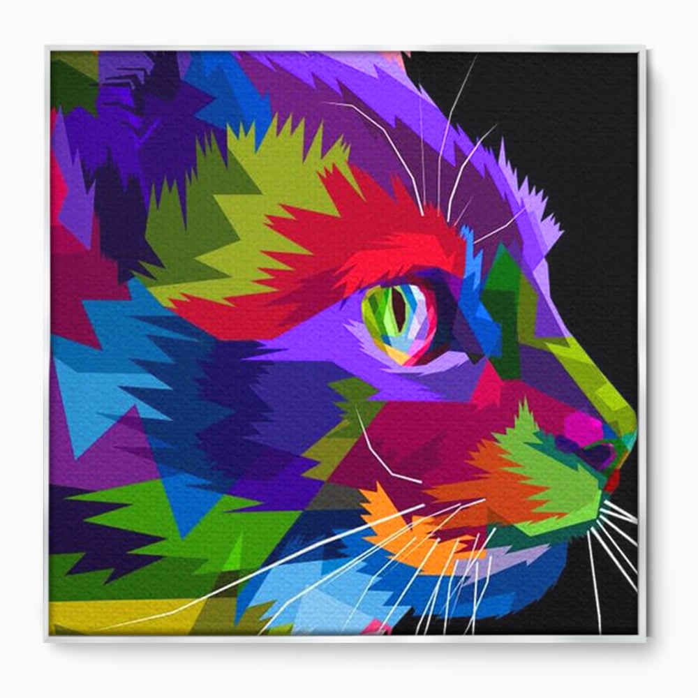 Tablou canvas cu tablou canvas cu pisica pop art, in rama de aluminiu argintiu